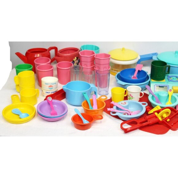 Vtg 1990s Play Dishes Fun with Food Pots Forks Blender Pans Measuring Cups Bowls - Picture 13 of 14